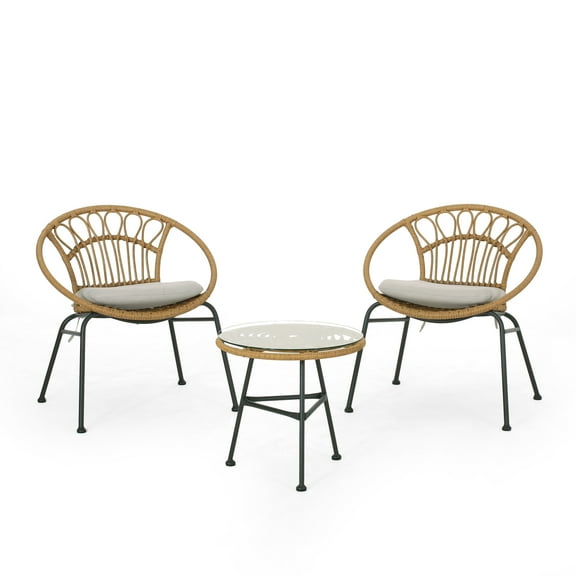 Hardaway Outdoor Faux Wicker Chat Set, Beige, Light Brown