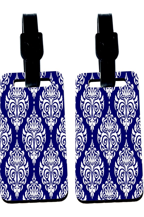 Hardboard Luggage Identifier Tags with Strap - Blue Seamless Damask (x4)