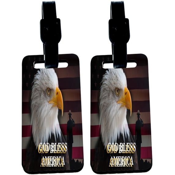 Hardboard Luggage Identifier Tags with Strap - God Bless America - Bald Eagle (x4)