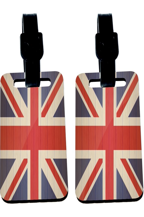 Hardboard Luggage Identifier Tags with Strap - Great Britain Flag On Wood Design (x2)