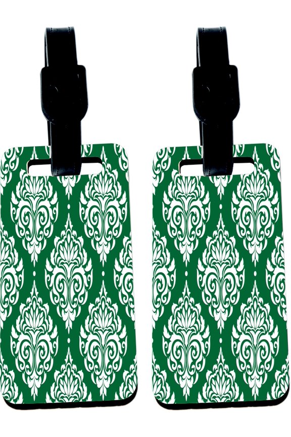 Hardboard Luggage Identifier Tags with Strap - Green Seamless Damask (x4)