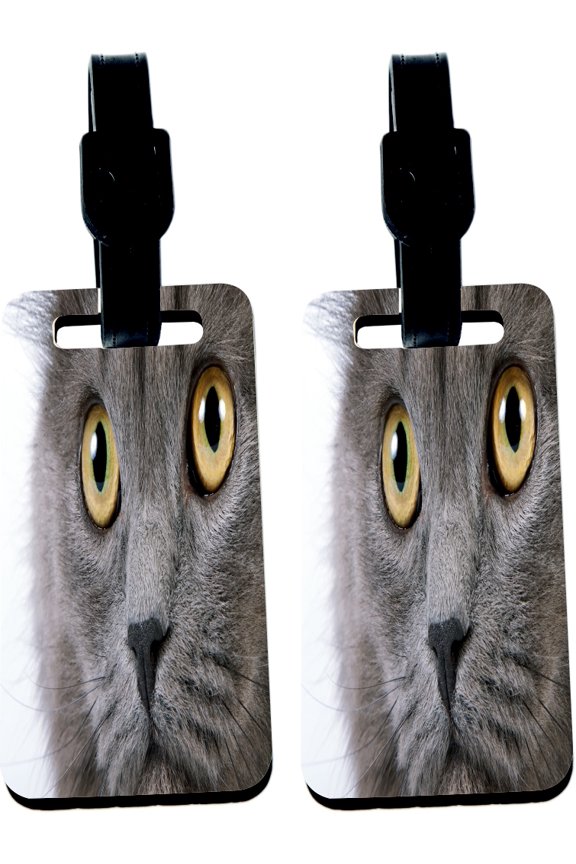 Hardboard Luggage Identifier Tags with Strap - Grey Cat Face Close-Up (x2)