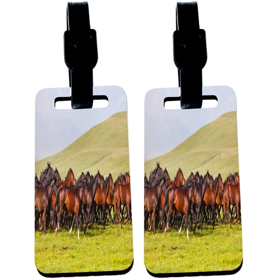 Hardboard Luggage Identifier Tags with Strap - Horses Racing Brown on Mountain (x4)