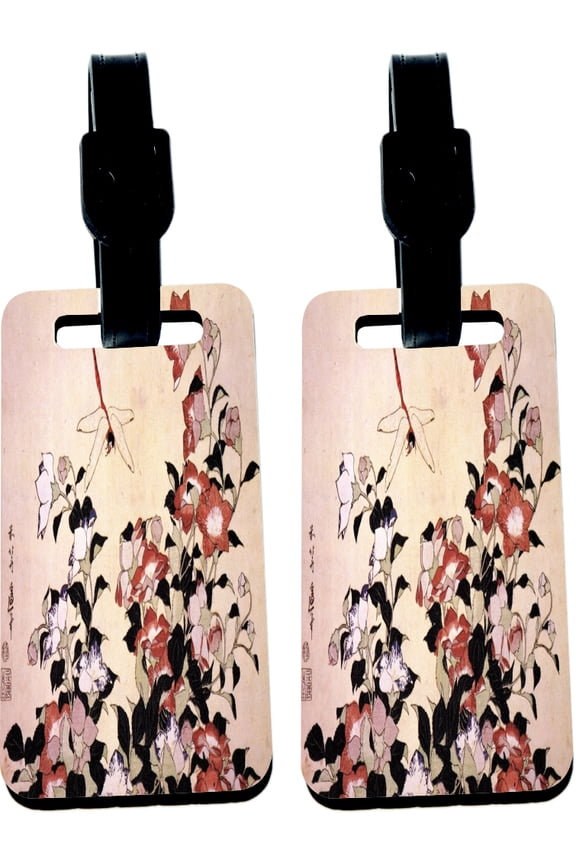 Hardboard Luggage Identifier Tags with Strap - Katsushika Hokusai Art Chinese Bell Flower Dragon-Fly (x2)