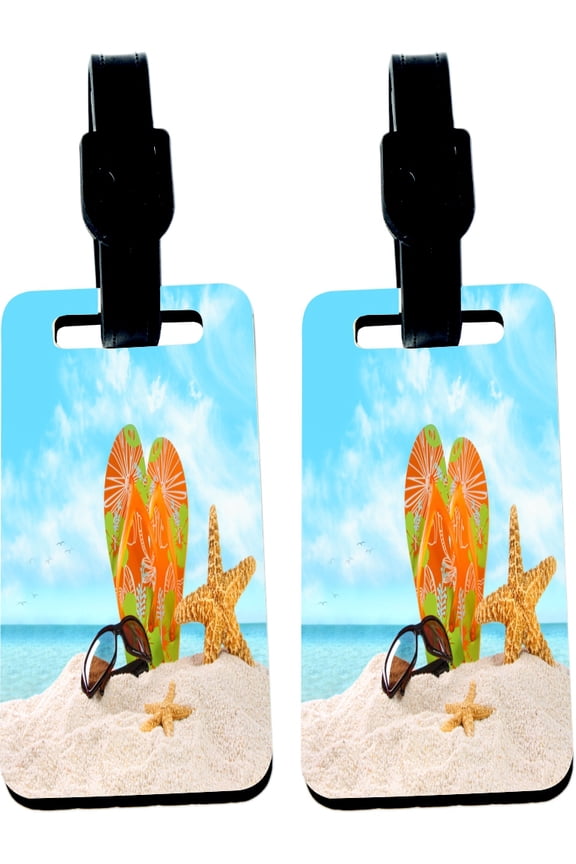 Hardboard Luggage Identifier Tags with Strap - Orange Green Flip-Flops In The Sand With Starfish (x2)