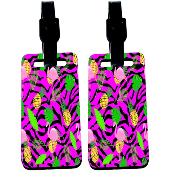 Hardboard Luggage Identifier Tags with Strap - Pinapples and Flamingos on Zebra Pink (x4)