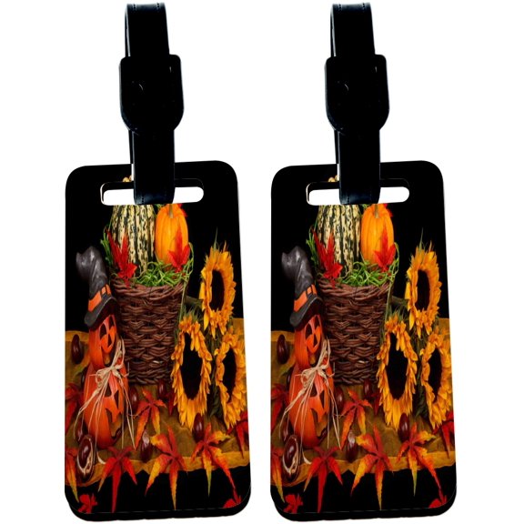 Hardboard Luggage Identifier Tags with Strap - Pumpkins and Sunflowers - Autumn Pic (x2)