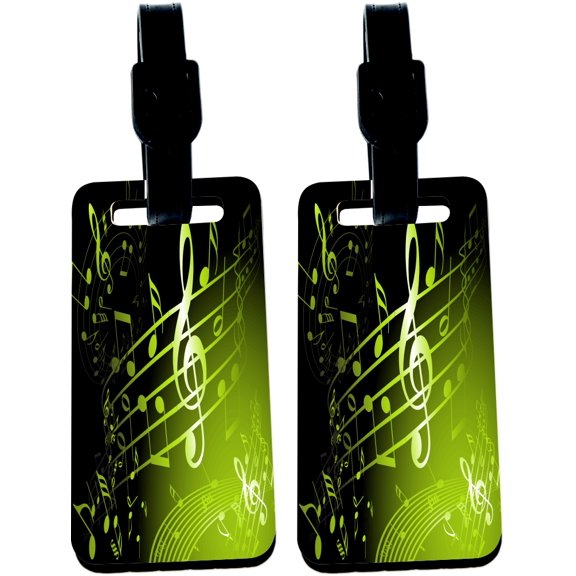 Hardboard Luggage Identifier Tags with Strap - Sheet Music Swirls on Green Backdrop (x2)