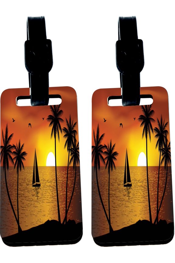 Hardboard Luggage Identifier Tags with Strap - Silhouette Boat Palm Trees (x4)