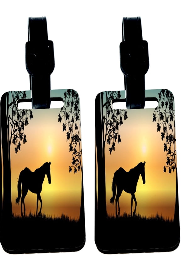 Hardboard Luggage Identifier Tags with Strap - Silhouette Trees Sunset with Horse (x2)
