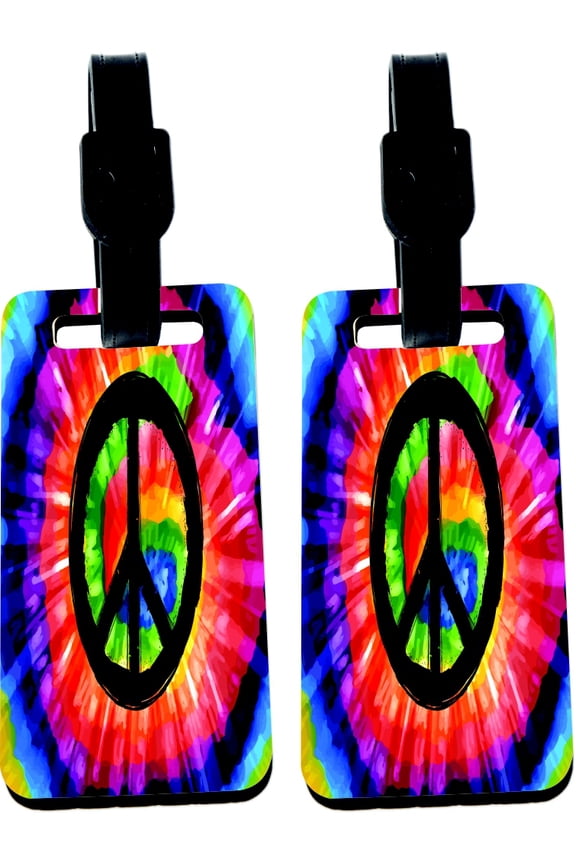 Hardboard Luggage Identifier Tags with Strap - Tie Dye Design with Black Peace Logo (x4)