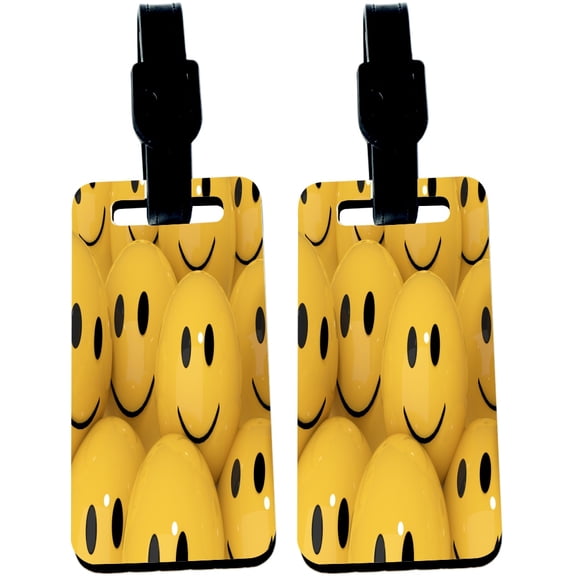 Hardboard Luggage Identifier Tags with Strap - Yellow Smiley Face Balls (x4)