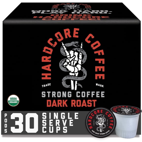 Hardcore Organic Coffee, Highly Caffeinated, Single Serve Coffee Pods for Keurig Style K-Cup Brewers, Strong Dark Roast, 30 Count