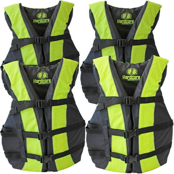 Hardcore Life Jacket 4 Pack Paddle Vest for Adults;  Guard Approved Type III PFD Life Vest Flotation Device; Jet ski, Wakeboard, Kayak; Ideal Extra Pontoon Boat Life Jacket