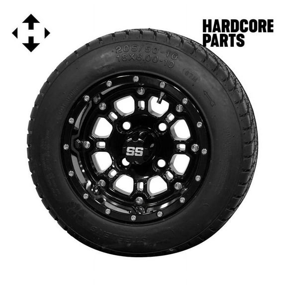 Hardcore Parts 10" Black 'Panther' Golf Cart Wheels and 205/50-10 (18"x8"-10") DOT rated Low Profile tires - Set of 4, includes Black 'SS' center caps and M12x1.25 Black lug nuts