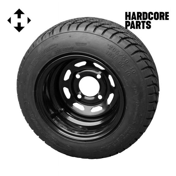 Hardcore Parts 10" Black Steel Golf Cart Wheels and 205/50-10 (18"x8"-10") DOT rated Low Profile tires - Set of 4