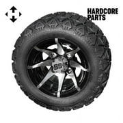 Hardcore Parts 10" Machined/Black 'Kraken' Golf Cart Wheels and 18″x9″-10″ DOT rated All-Terrain tires - Set of 4, includes Chrome 'SS' center caps and 1/2x20 Chrome lug nuts