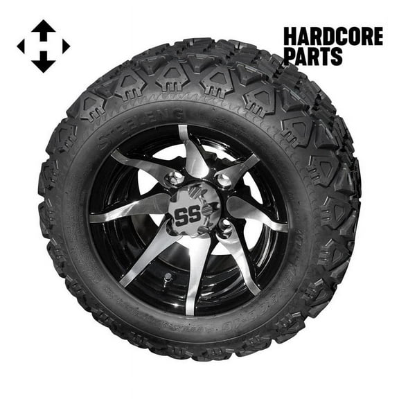 Hardcore Parts 10" Machined/Black 'Kraken' Golf Cart Wheels and 18″x9″-10″ DOT rated All-Terrain tires - Set of 4, includes Chrome 'SS' center caps and 1/2x20 Chrome lug nuts