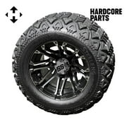 Hardcore Parts 10" Machined/Black 'Lancer' Golf Cart Wheels and 18″x9″-10″ DOT rated All-Terrain tires - Set of 4, includes Chrome 'SS' center caps and 1/2x20 Chrome lug nuts