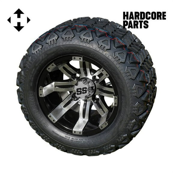 Hardcore Parts 10" Machined/Black 'Tempest' Golf Cart Wheels and 18″x9″-10″ DOT rated All-Terrain tires - Set of 4, includes Chrome 'SS' center caps and 1/2x20 Chrome lug nuts