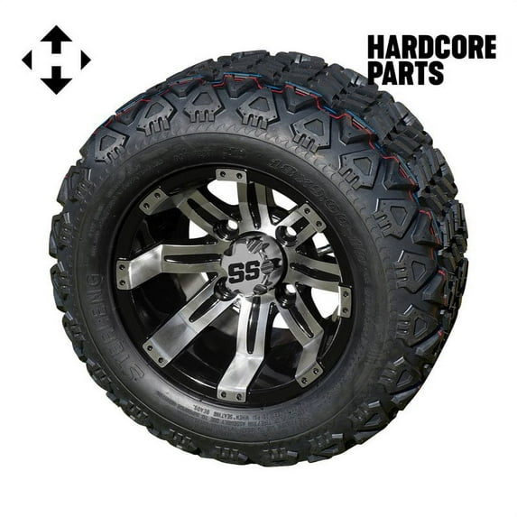 Hardcore Parts 10" Machined/Black 'Tempest' Golf Cart Wheels and 18″x9″-10″ DOT rated All-Terrain tires - Set of 4, includes Chrome 'SS' center caps and 1/2x20 Chrome lug nuts