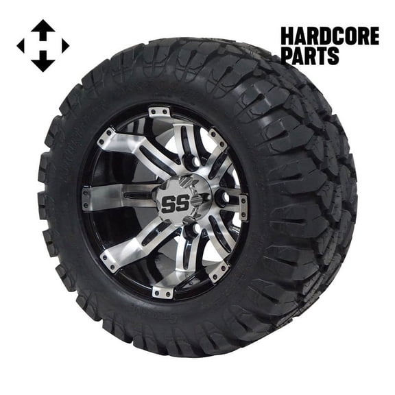 Hardcore Parts 10" Machined/Black 'Tempest' Golf Cart Wheels and 18"x9"-10" STINGER On-Road/Off-Road DOT rated All-Terrain tires - Set of 4, includes Chrome 'SS' center caps & M12x1.25 Chrome lug nuts