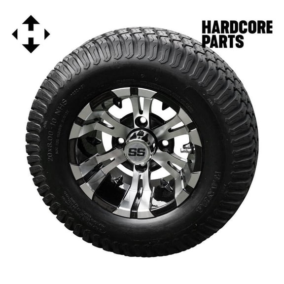 Hardcore Parts 10" Machined/Black 'Vampire' Golf Cart Wheels and 20"x8"-10 Turf tires - Set of 4, includes Chrome 'SS' center caps and 1/2x20 Chrome lug nuts