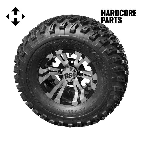Hardcore Parts 10" Machined/Black 'Vampire' Golf Cart Wheels and 22″x11″-10″ DOT rated All-Terrain tires - Set of 4, includes Chrome 'SS' center caps and M12x1.25 Chrome lug nuts