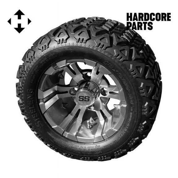 Hardcore Parts 10" Machined/Gunmetal 'Vampire' Golf Cart Wheels and 18"x9"-10 DOT rated All-Terrain tires - Set of 4, includes Chrome 'SS' center caps and 1/2x20 Chrome lug nuts