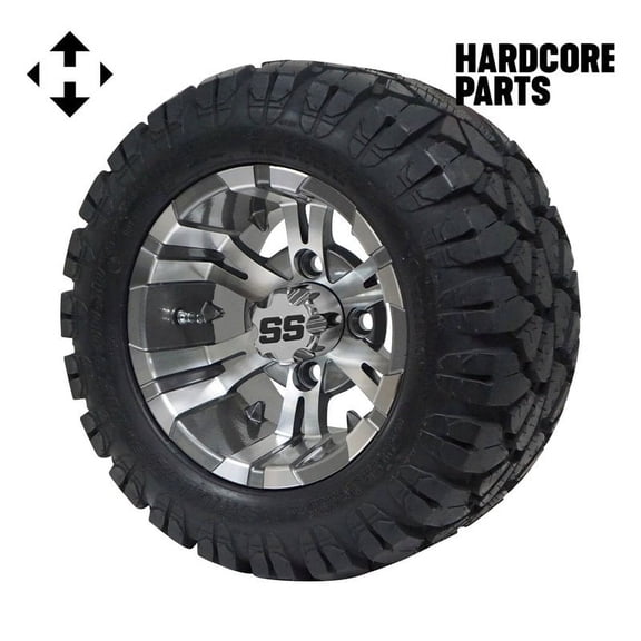 Hardcore Parts 10" Machined/Gunmetal 'Vampire' Golf Cart Wheels & 18″x9″-10″ STINGER On-Road/Off-Road DOT rated All-Terrain tires - Set of 4 includes Chrome 'SS' center caps & M12x1.25 Chrome lug nuts