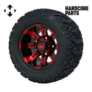 Hardcore Parts 10" Red/Black 'TEMPEST' Golf Cart Wheels and 18″x9″-10″ DOT rated All-Terrain tires - Set of 4, includes Chrome 'SS' center caps and 1/2x20 Black lug nuts