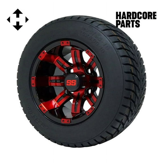 Hardcore Parts 10" Red/Black 'TEMPEST' Golf Cart Wheels and 205/50-10 (18"x8"-10) DOT rated Low Profile tires - Set of 4, includes Black 'SS' center caps and M12x1.25 Chrome lug nuts