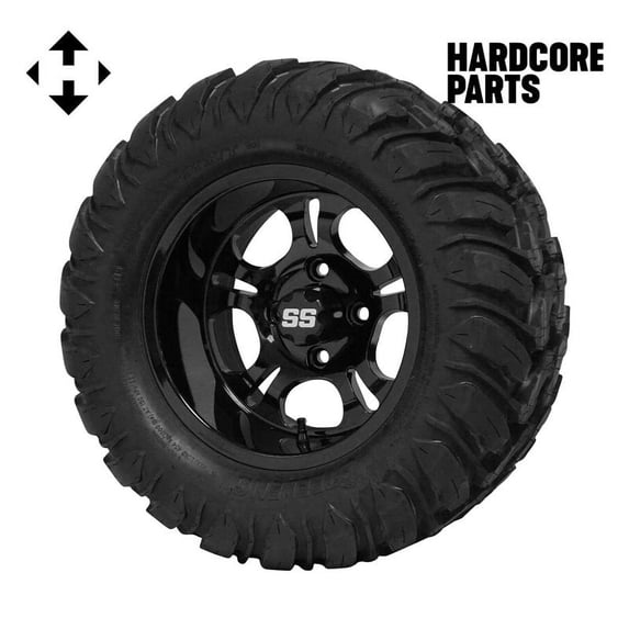 Hardcore Parts 12" Black 'DARKSIDE' Golf Cart Wheels and 22"x11"-12" DOT rated Mud-Terrain/All-Terrain tires - Set of 4, includes Black 'SS' center caps and M12x1.25 Black lug nuts