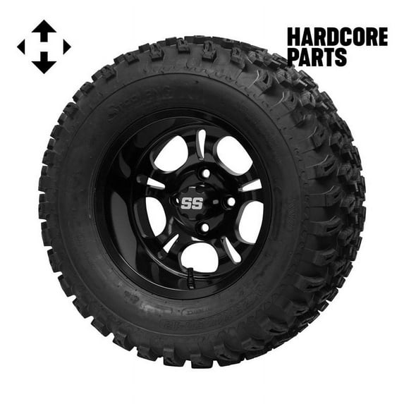 Hardcore Parts 12" Black 'DARKSIDE' Golf Cart Wheels and 23"x10.5"-12" All-Terrain tires - Set of 4, includes Black 'SS' center caps and M12x1.25 Black lug nuts