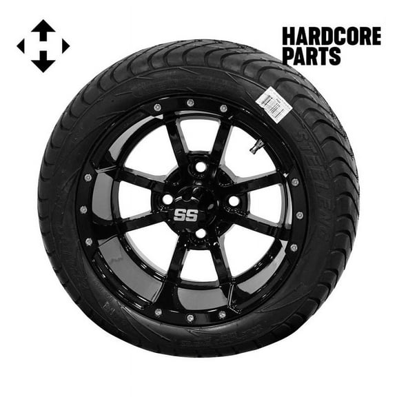 Hardcore Parts 12" Black 'Storm Trooper' Golf Cart Wheels and 215/40-12 (18.5"x8.5"-12") DOT rated Low Profile tires - Set of 4, includes Black 'SS' center caps and 1/2x20 Black lug nuts