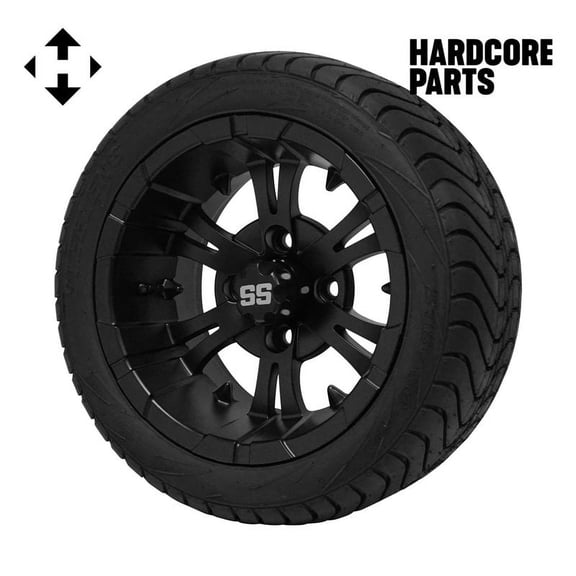 Hardcore Parts 12" Black 'VAMPIRE' Golf Cart Wheels and 215/40-12 (18.5"x8.5"-12") DOT rated Low Profile tires - Set of 4, includes Black 'SS' center caps and 1/2x20 Black lug nuts
