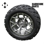 Hardcore Parts 12" Machined/Gunmetal 'Rally' Golf Cart Wheels and 20″x10″-12″ DOT rated All-Terrain tires - Set of 4, includes Chrome 'SS' center caps and 1/2x20 Chrome lug nuts