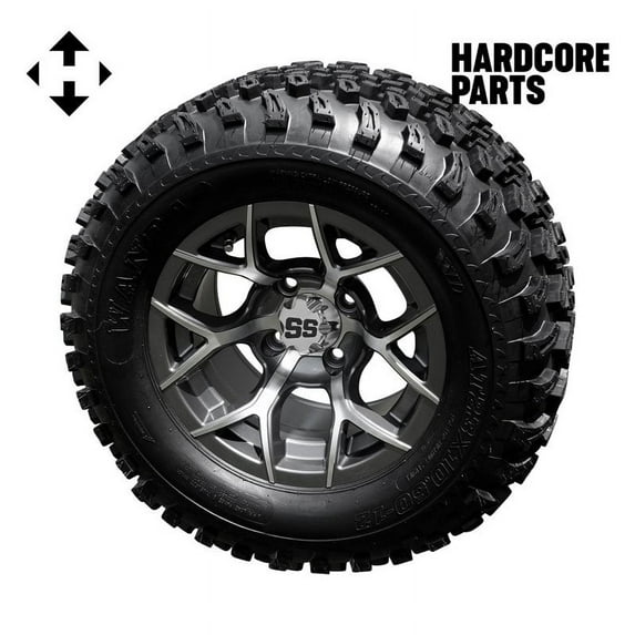 Hardcore Parts 12" Machined/Gunmetal 'Rally' Golf Cart Wheels and 23″x10.5″-12″ All-Terrain tires - Set of 4, includes Chrome 'SS' center caps and 1/2x20 Chrome lug nuts