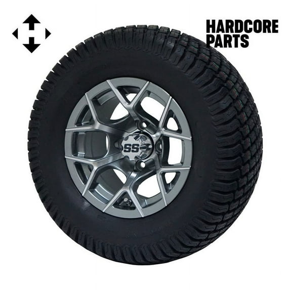 Hardcore Parts 12" Machined/Gunmetal 'Rally' Golf Cart Wheels and 23"x10.5"-12" Turf tires - Set of 4, includes Chrome 'SS' center caps and 1/2x20 Chrome lug nuts