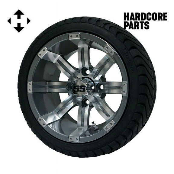 Hardcore Parts 12" Machined/Gunmetal ‘Tempest’ Golf Cart Wheels and 215/35-12 DOT rated Low Profile tires - Set of 4, includes Chrome ‘SS’ center caps and 1/2x20 Chrome lug nuts