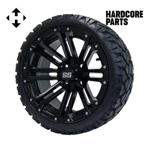 Hardcore Parts 14" Black 'LANCER' Golf Cart Wheels and 20"x8.5"-14 STINGER On-Road/Off-Road DOT rated All-Terrain tires - Set of 4, includes Black 'SS' center caps and M12x1.25 Black lug nuts