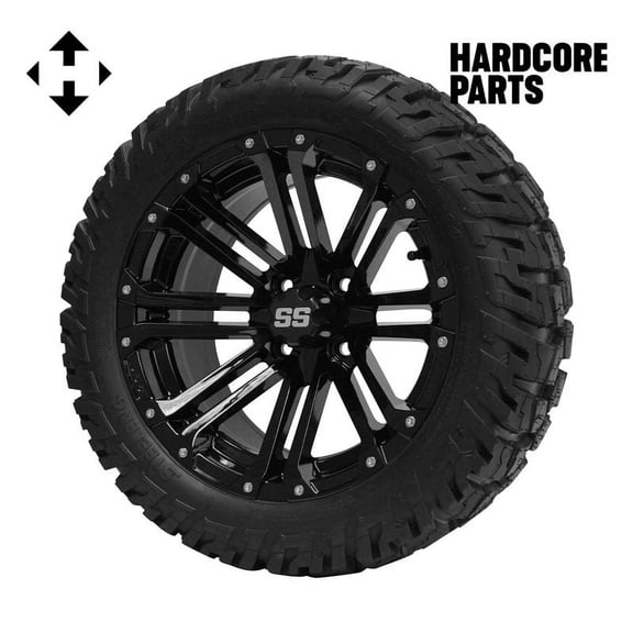 Hardcore Parts 14" Black 'LANCER' Golf Cart Wheels and 22"x10.5"-14" GATOR On-Road/Off-Road DOT rated All-Terrain tires - Set of 4, includes Black 'SS' center caps and M12x1.25 Black lug nuts