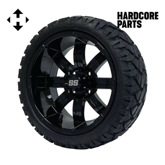 Hardcore Parts 14" Black 'TEMPEST' Golf Cart Wheels and 20"x8.5"-14 STINGER On-Road/Off-Road DOT rated All-Terrain tires - Set of 4, includes Black 'SS' center caps and M12x1.25 Black lug nuts
