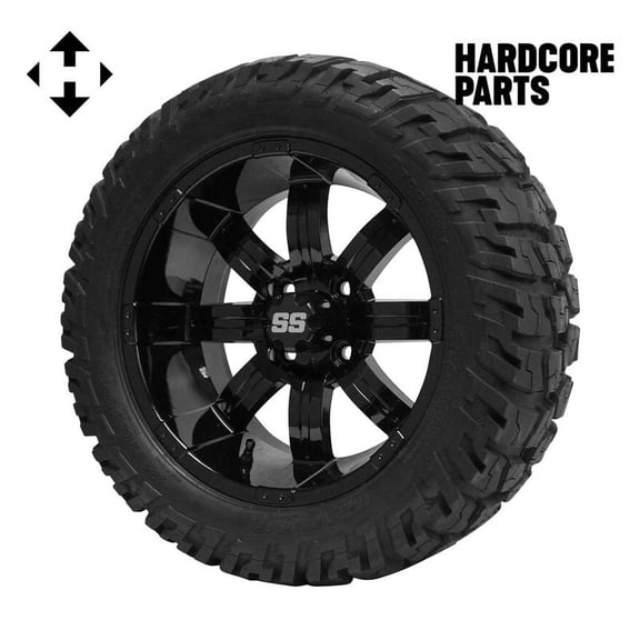 Hardcore Parts 14" Black 'TEMPEST' Golf Cart Wheels and 22"x10.5"-14" GATOR On-Road/Off-Road DOT rated All-Terrain tires - Set of 4, includes Black 'SS' center caps and 1/2x20 Black lug nuts