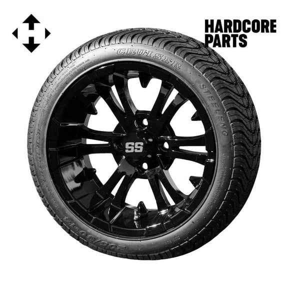 Hardcore Parts 14" Black 'VAMPIRE' Golf Cart Wheels and 205/30-14 (20"x8"-14") DOT rated Low Profile tires - Set of 4, includes Black 'SS' center caps and M12x1.25 Black lug nuts