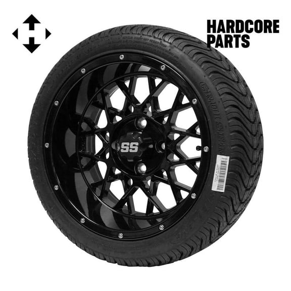 Hardcore Parts 14" Black 'Venom' wheel Golf Cart Wheels and 205/30-14 (20"x8"-14") DOT rated Low Profile tires - Set of 4, includes Black 'SS' center caps and 1/2x20 Black lug nuts