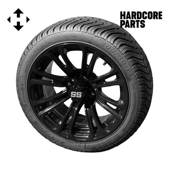 Hardcore Parts 14" Black 'Voodoo' Golf Cart Wheels and 205/30-14 (20"x8"-14") DOT rated Low Profile tires - Set of 4, includes Black 'SS' center caps and M12x1.25 Black lug nuts