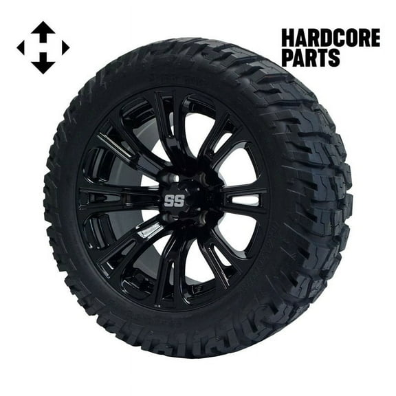 Hardcore Parts 14" Black 'Voodoo' Golf Cart Wheels and 22"x10.5"-14 GATOR On-Road/Off-Road DOT rated All-Terrain tires - Set of 4, includes Black 'SS' center caps and 1/2x20 Black lug nuts