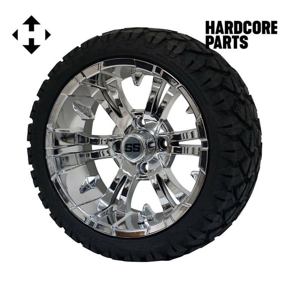 Hardcore Parts 14" Chrome 'Vampire' Golf Cart Wheels and 20"x8.5"-14 STINGER On-Road/Off-Road DOT rated All-Terrain tires - Set of 4, includes Chrome 'SS' center caps and 1/2x20 Chrome lug nuts