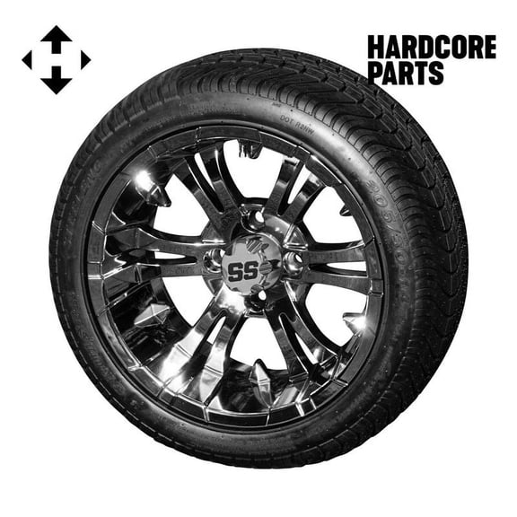 Hardcore Parts 14" Chrome 'Vampire' Golf Cart Wheels and 205/30-14 (20″x8″-14″) DOT rated Low Profile tires - Set of 4, includes Chrome 'SS' center caps and M12x1.25 Chrome lug nuts